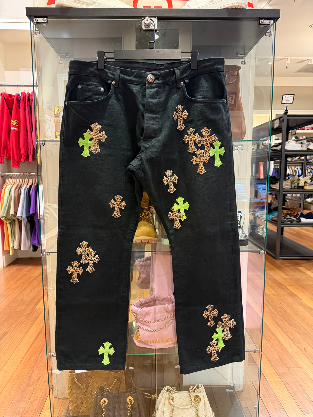 Chrome Hearts Leopard & Green Cross Patch Denim Jeans - Black