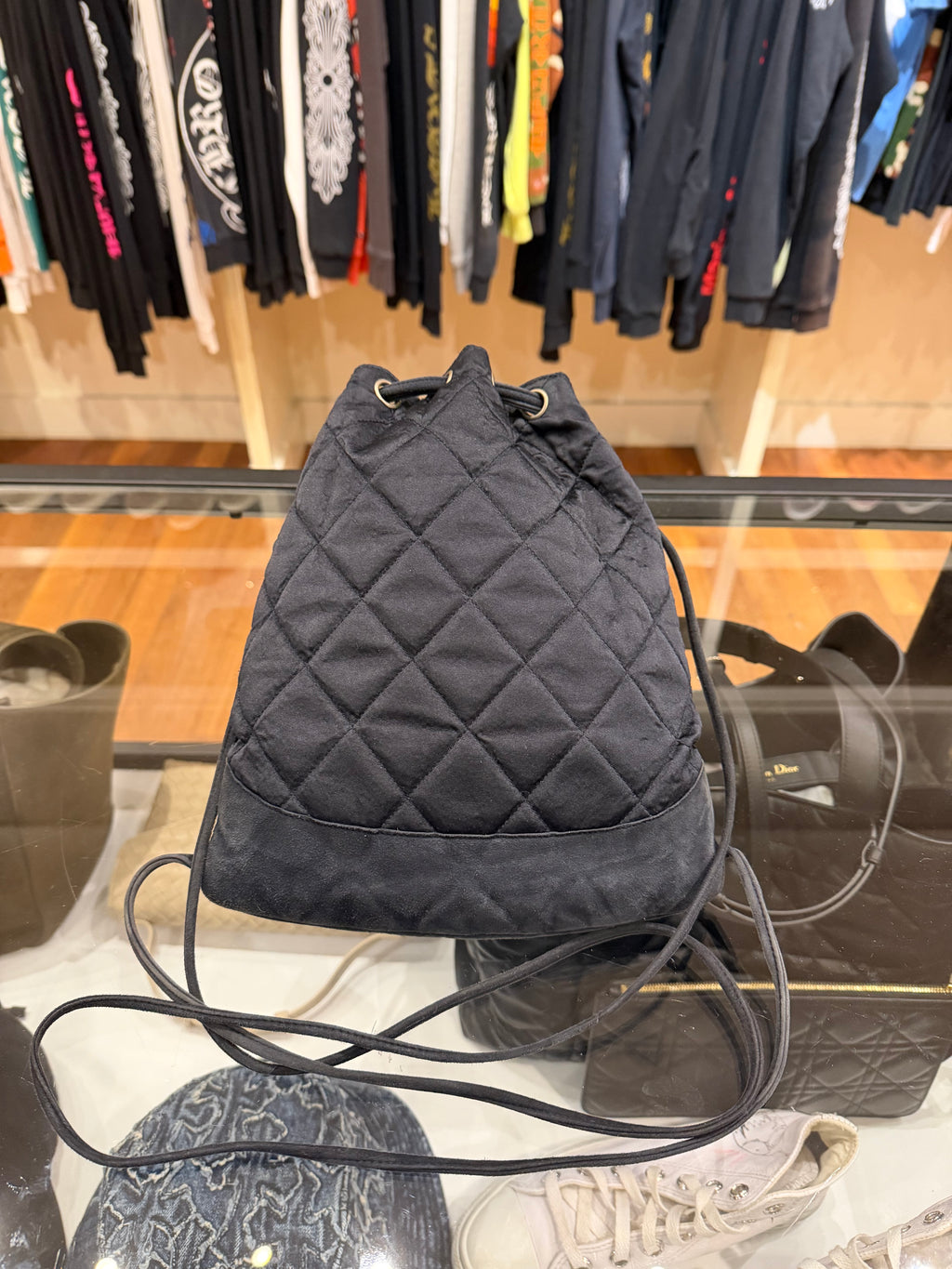 Chanel Satin Quilted Blue Pearl Drawstring Backpack