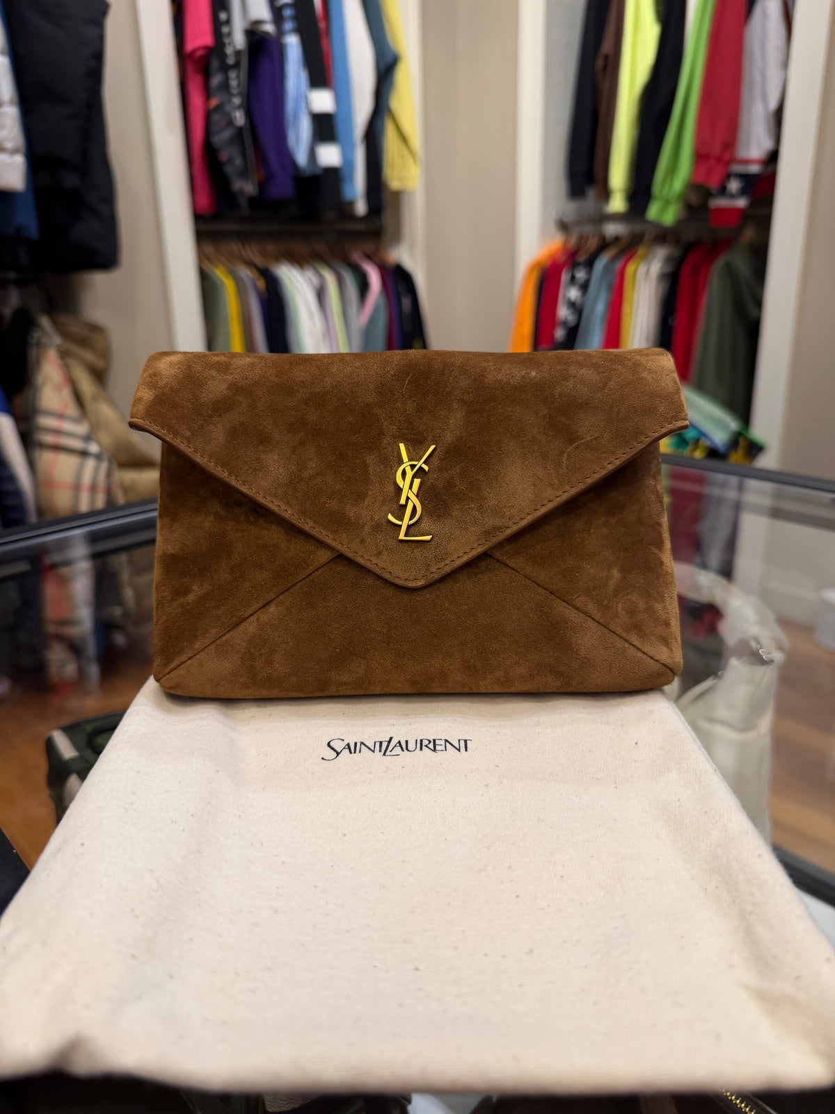 Saint Laurent Cassandre Small Chain Pouch In Suede - Caramel Cognac