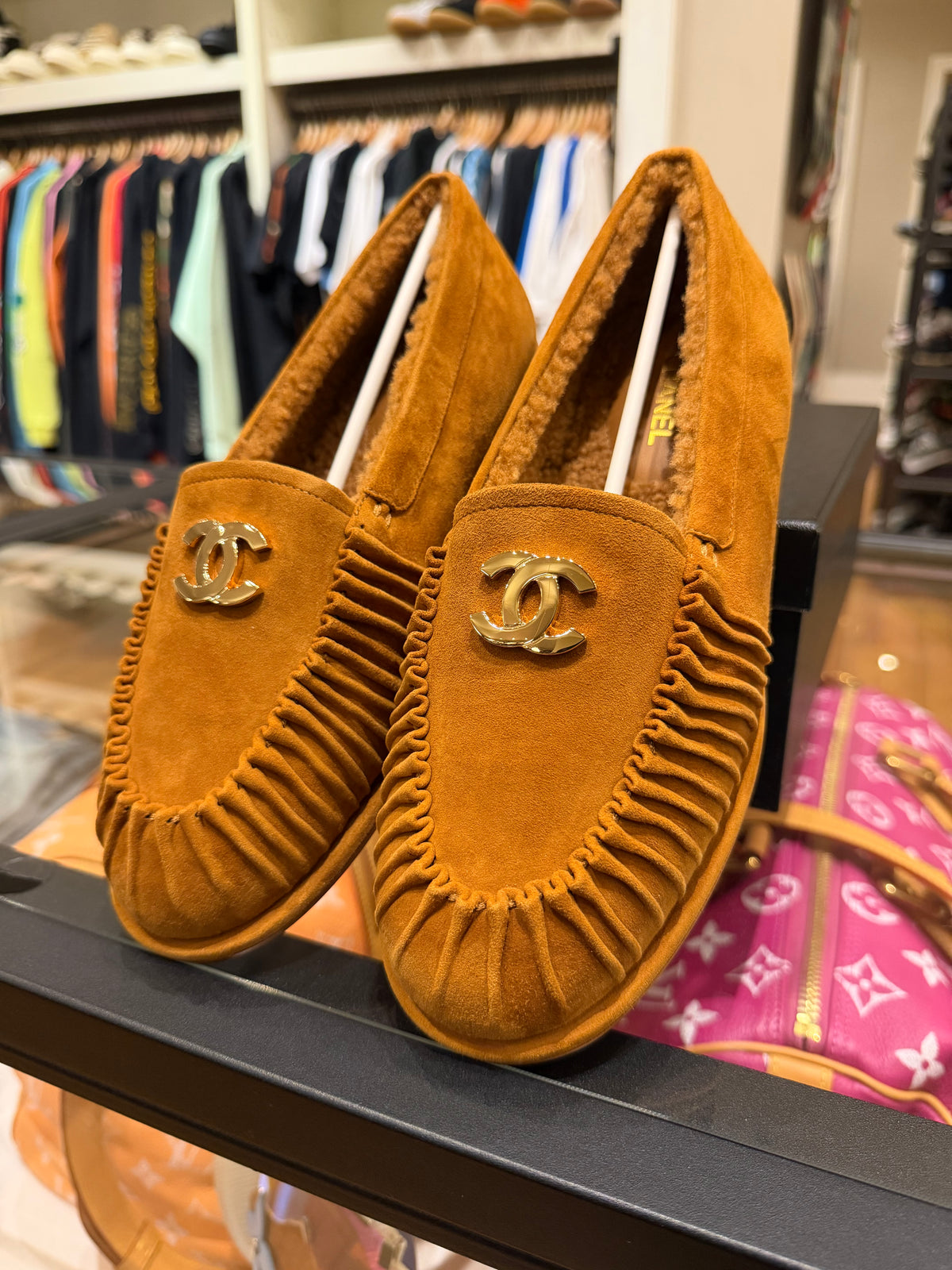 Chanel 26K Tan Suede Mocassins