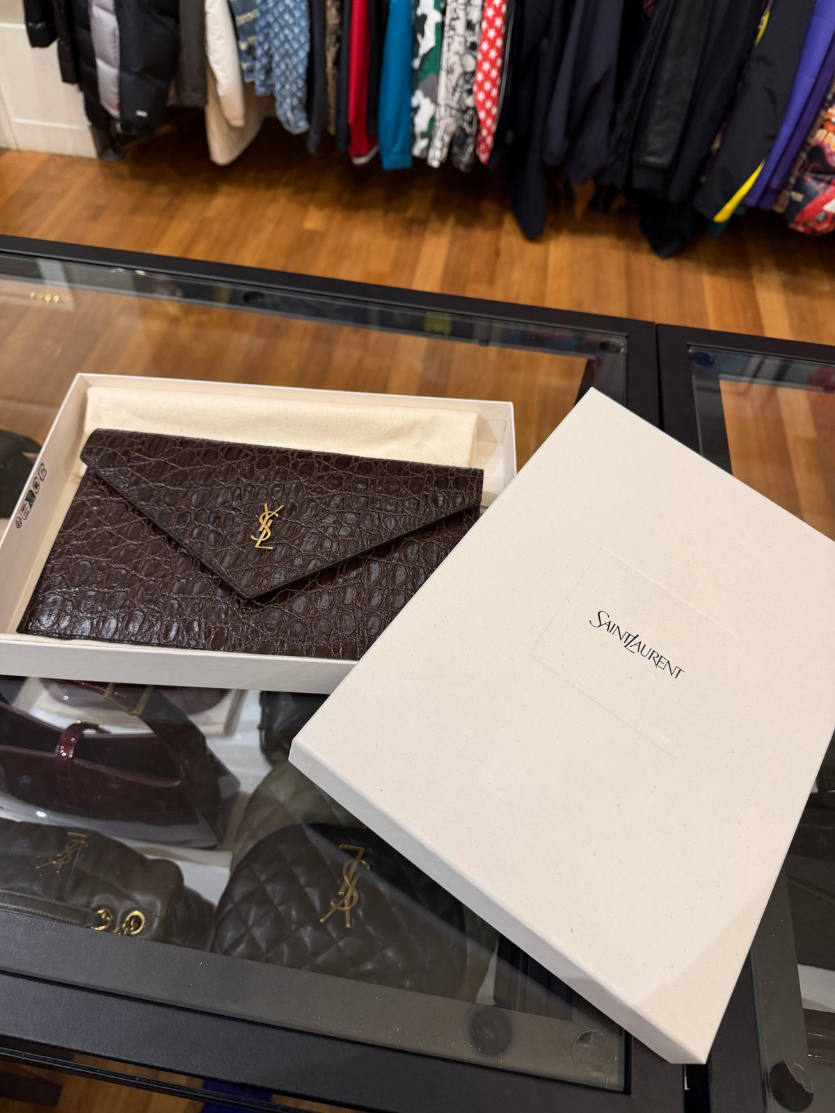 Saint Laurent Paris Embossed Crocodile Leather Pochette - Brown