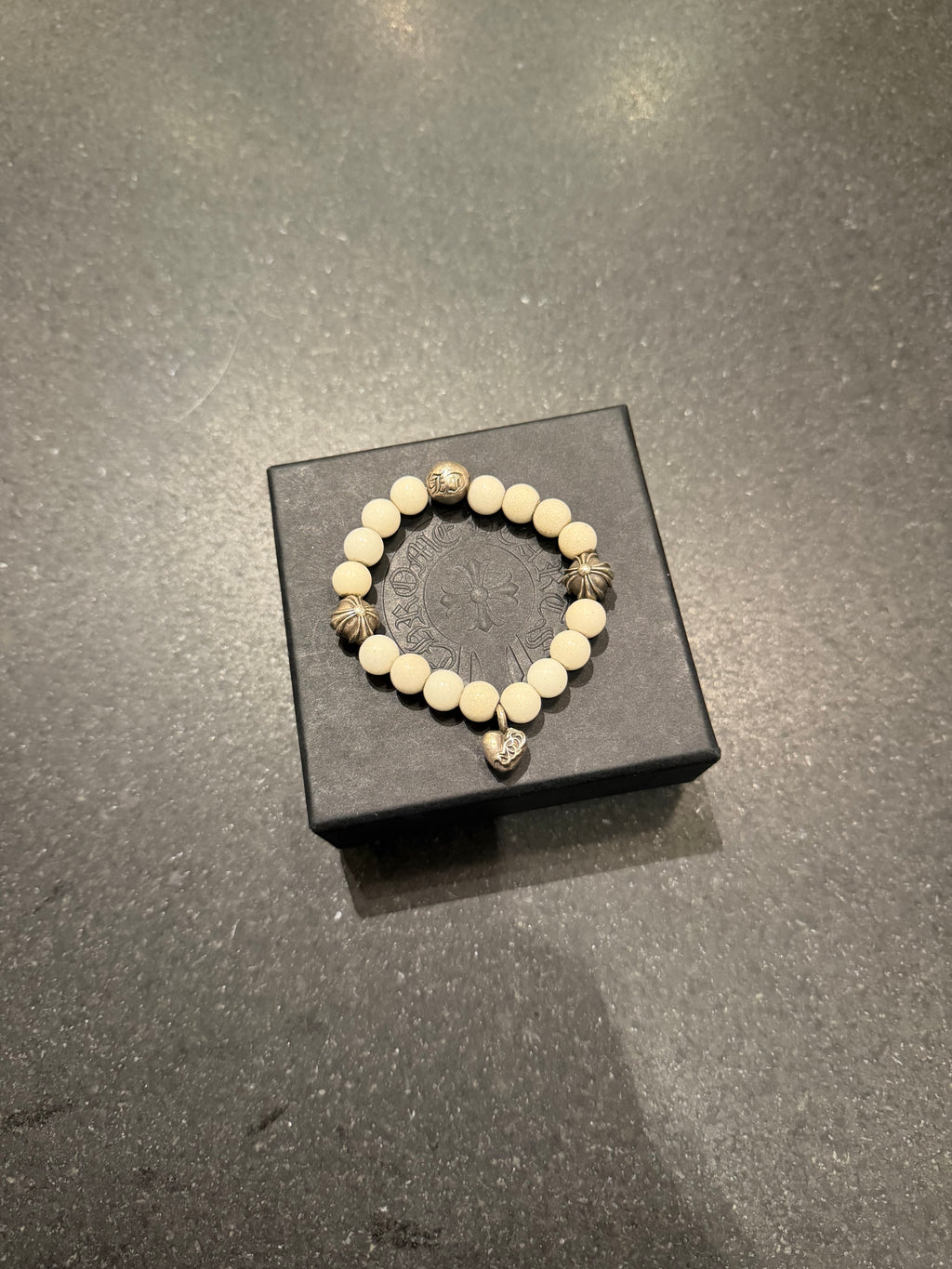 Chrome Hearts White Onyx Bead Bracelet W/ Heart Charm