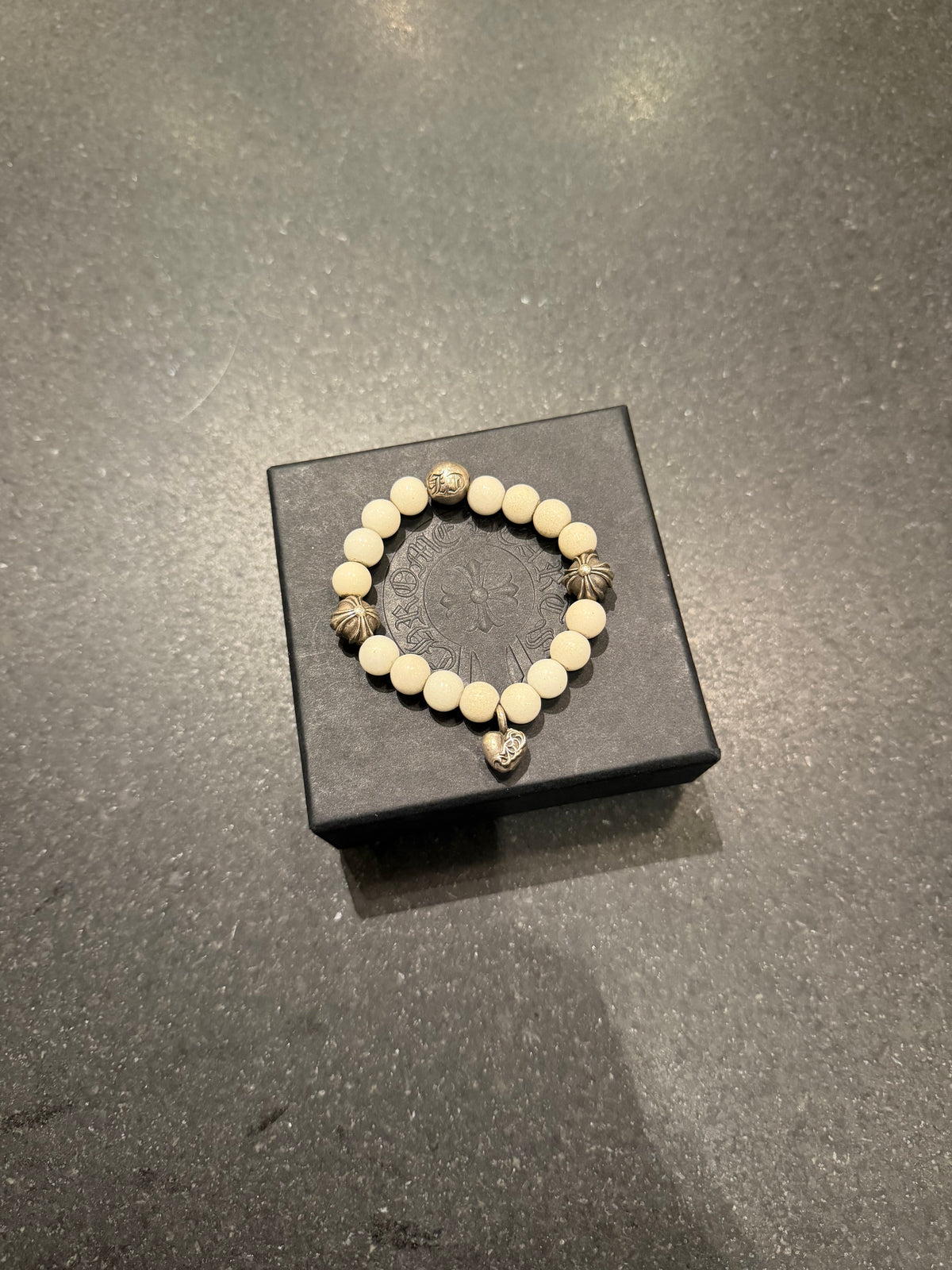 Chrome Hearts White Onyx Bead Bracelet W/ Heart Charm