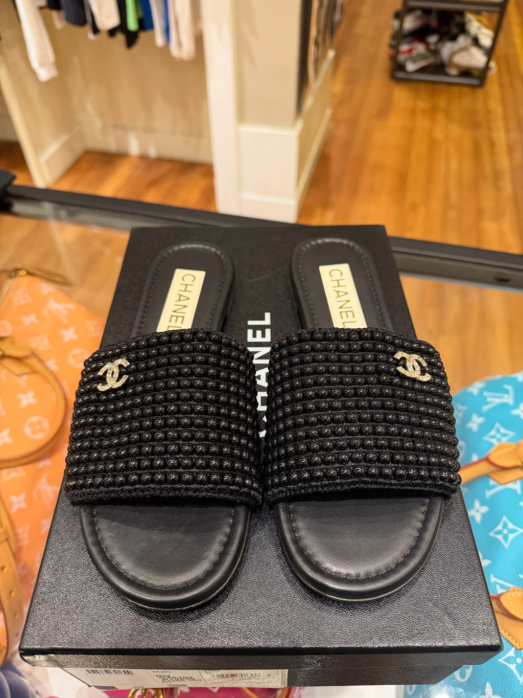 Chanel Pearl Crystal CC Mule Sandals