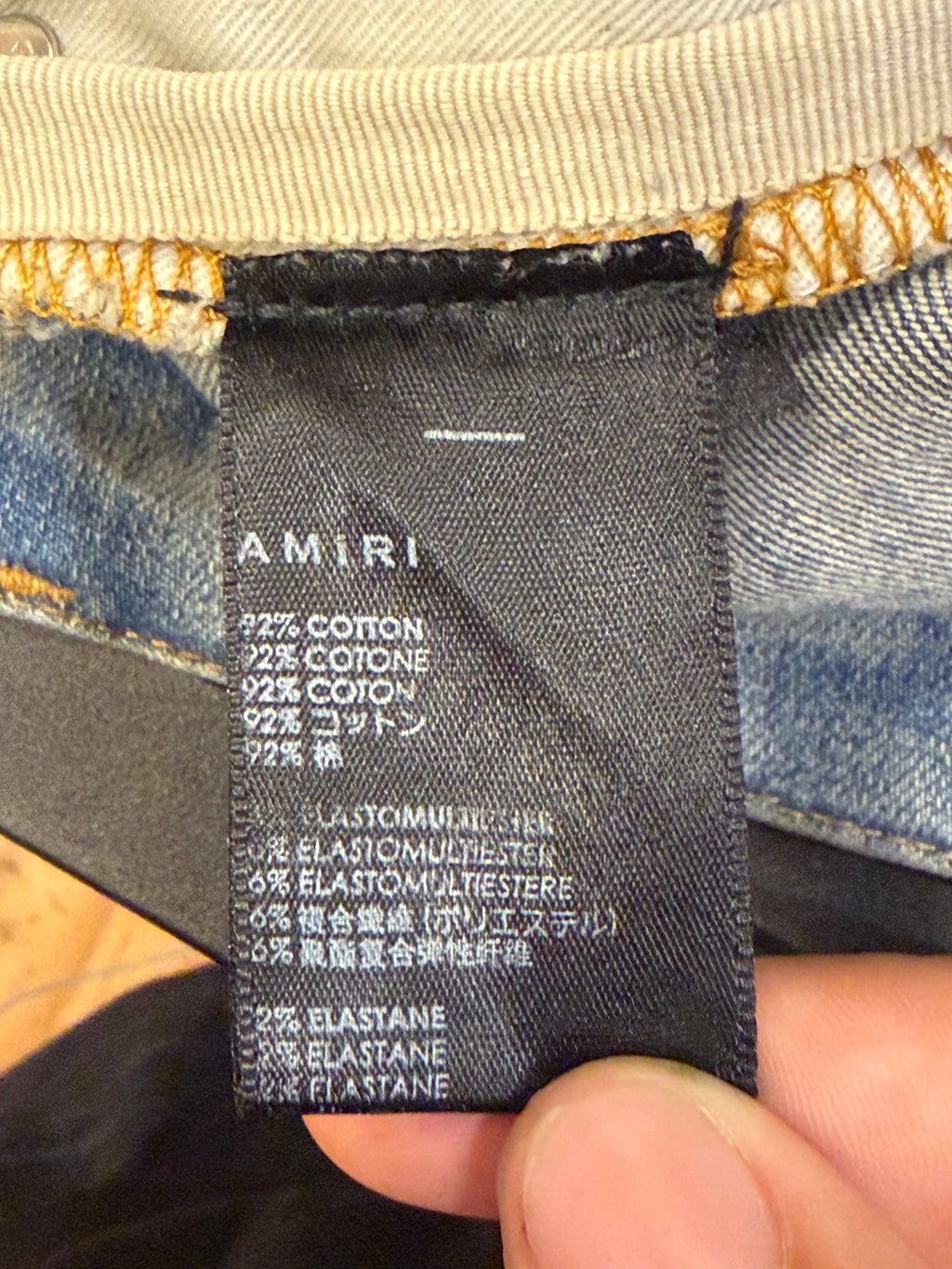 Amiri MX1 Distressed Skinny Jeans - Light Wash/Orange Patches