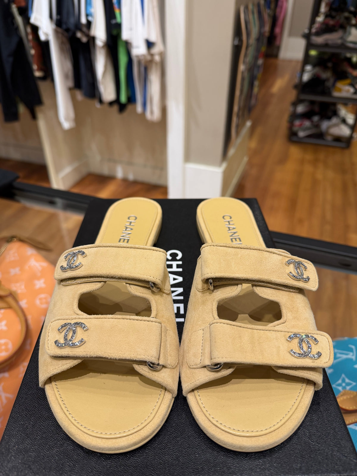 Chanel CC Velcro Strap Sandals - Beige