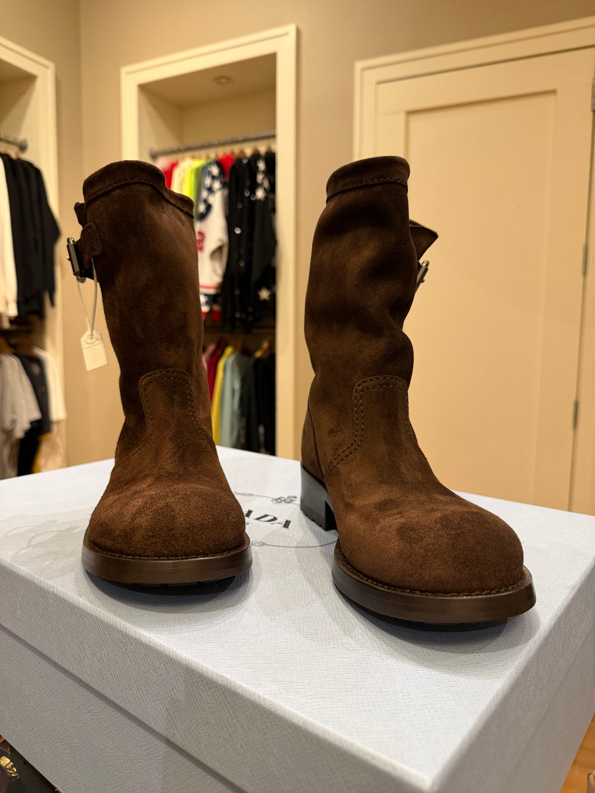 Prada Women’s Suede Mid-Calf Boots - Dark Brown