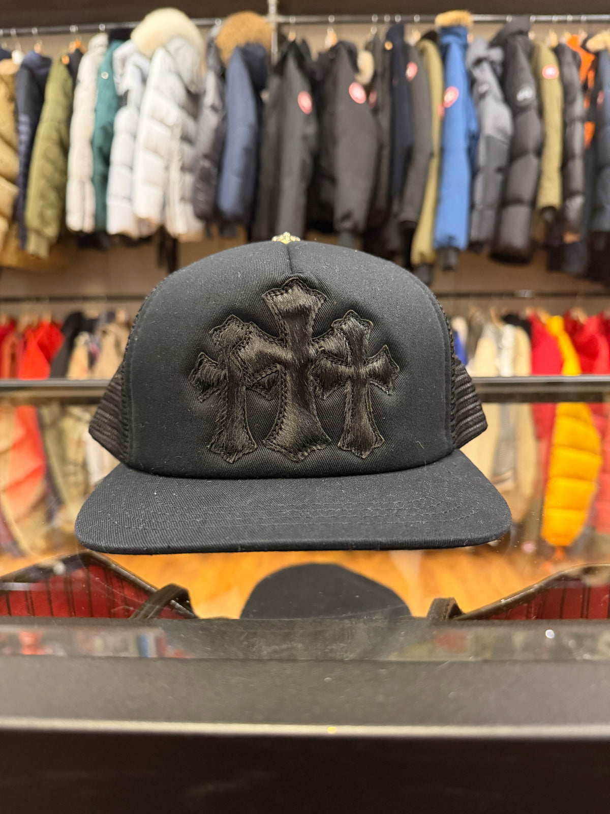 Chrome Hearts Triple Cross Pony Hair Trucker Hat- Black