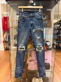 Amiri MX1 Distressed Skinny Jeans - Indigo/Black Patches