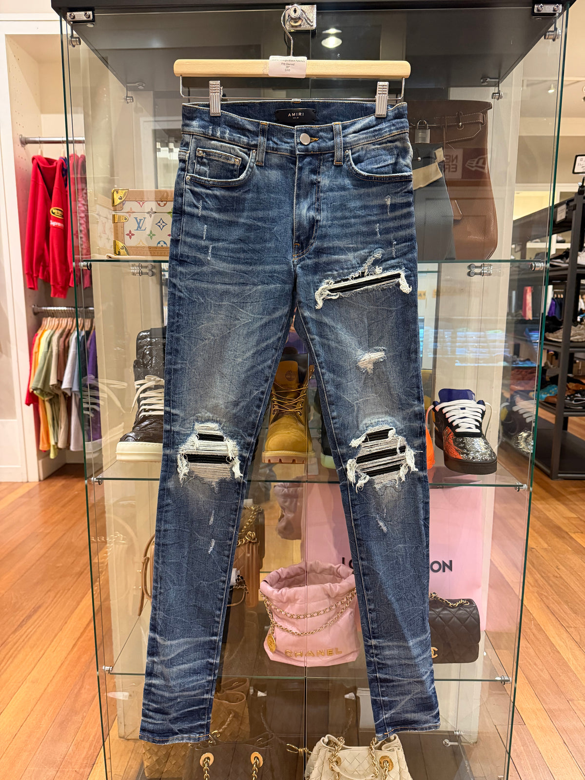 Amiri MX1 Distressed Skinny Jeans - Indigo/Black Patches