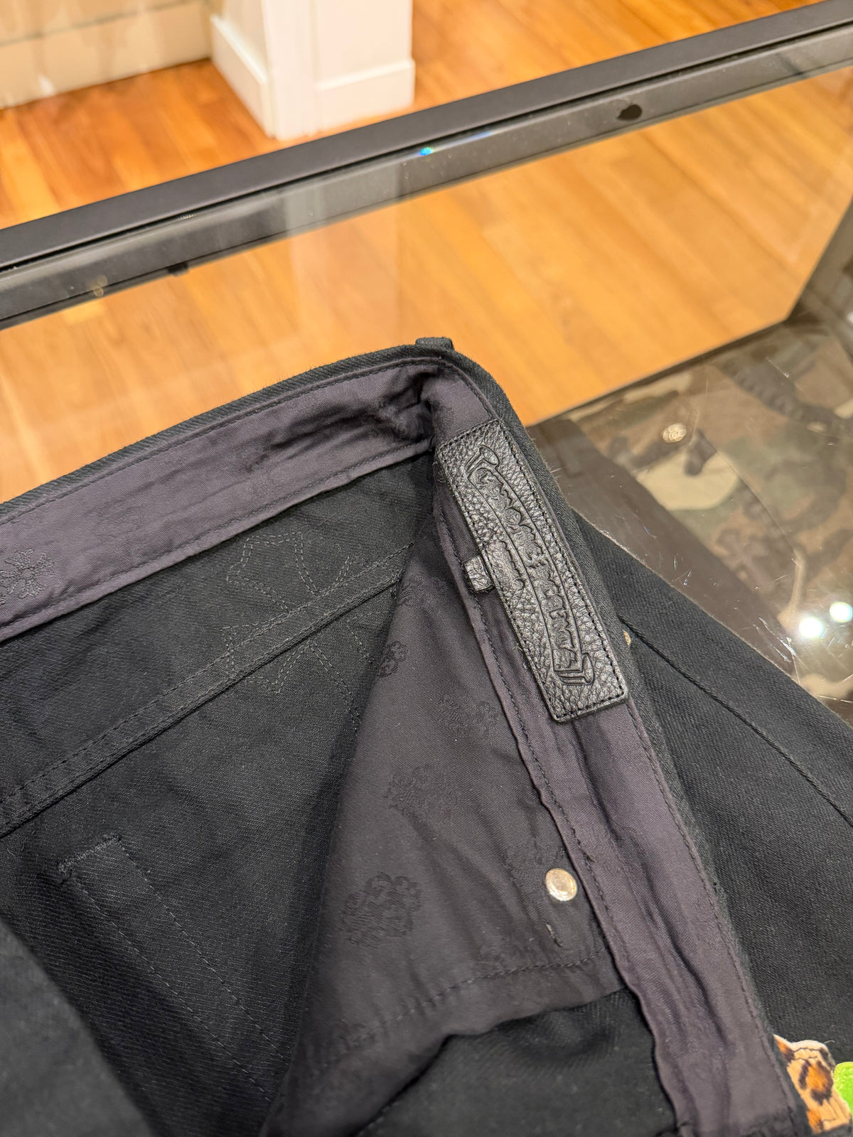Chrome Hearts Leopard & Green Cross Patch Denim Jeans - Black