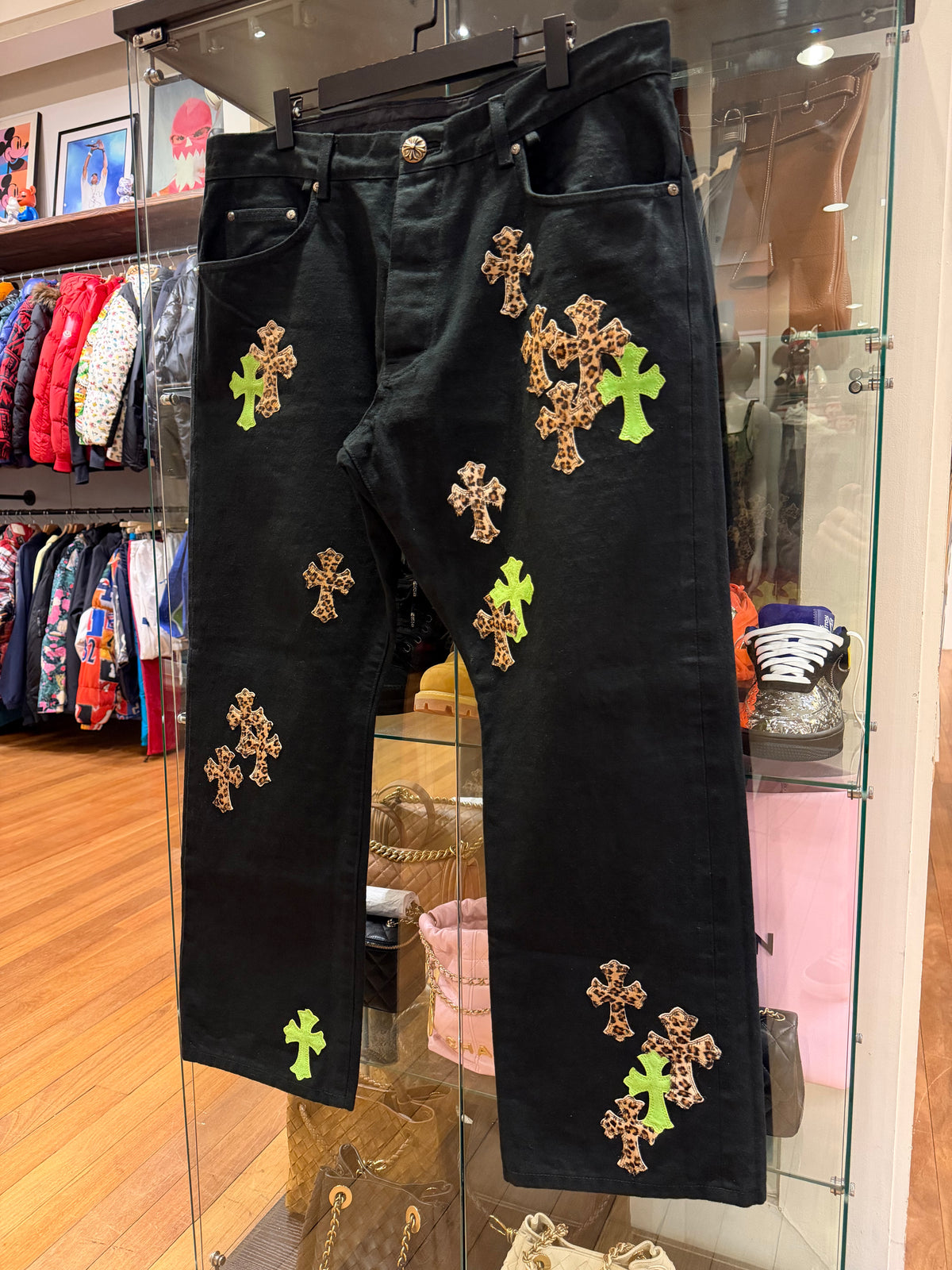 Chrome Hearts Leopard & Green Cross Patch Denim Jeans - Black