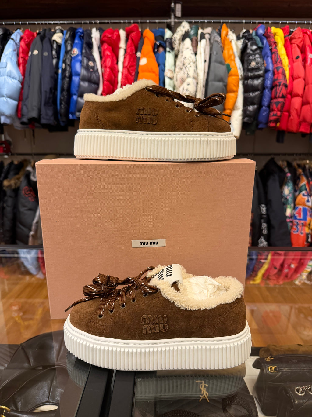 Miu Miu Suede & Shearling Sneakers - Dark Brown