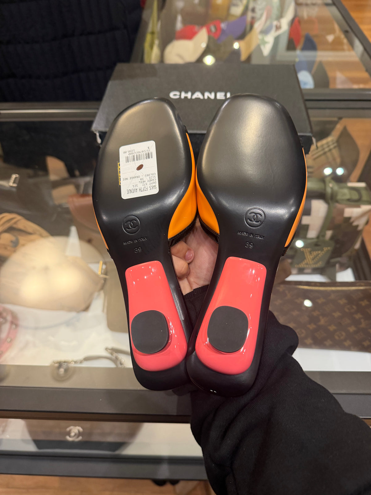 Chanel Patent Leather Colorblock Pattern Slides - Orange