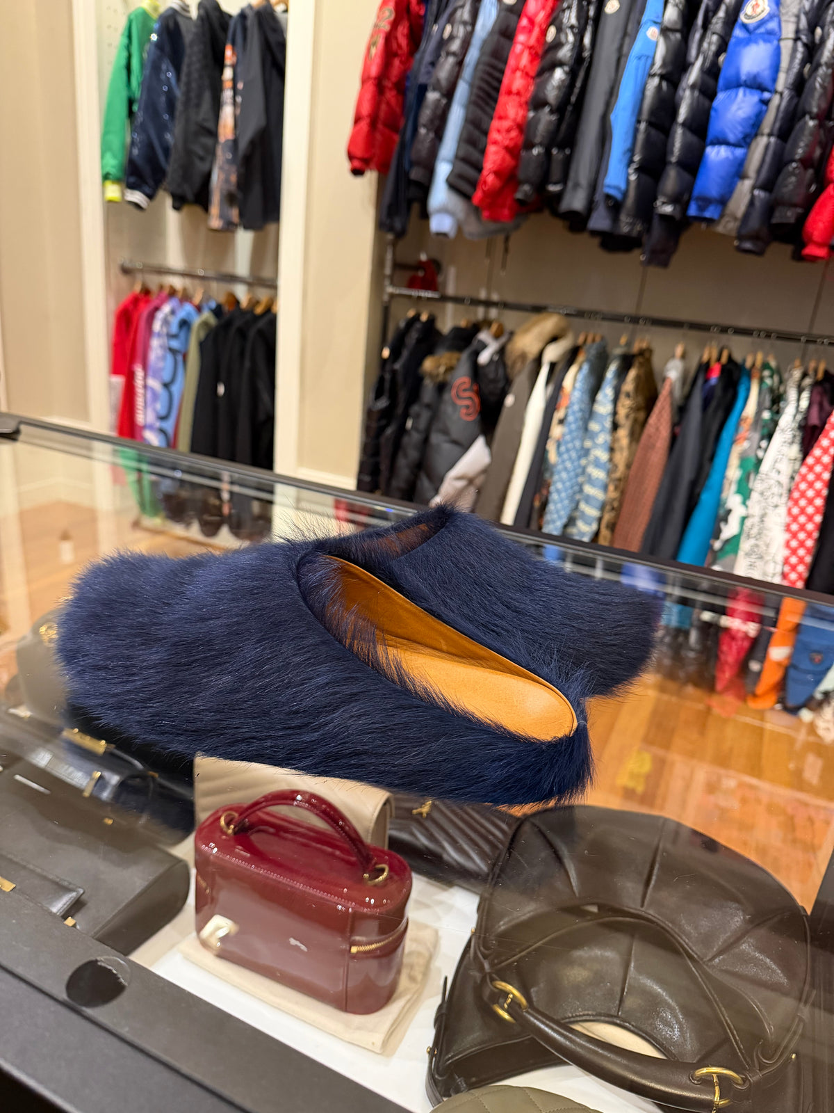 Marni Blue Fuzzy Slides