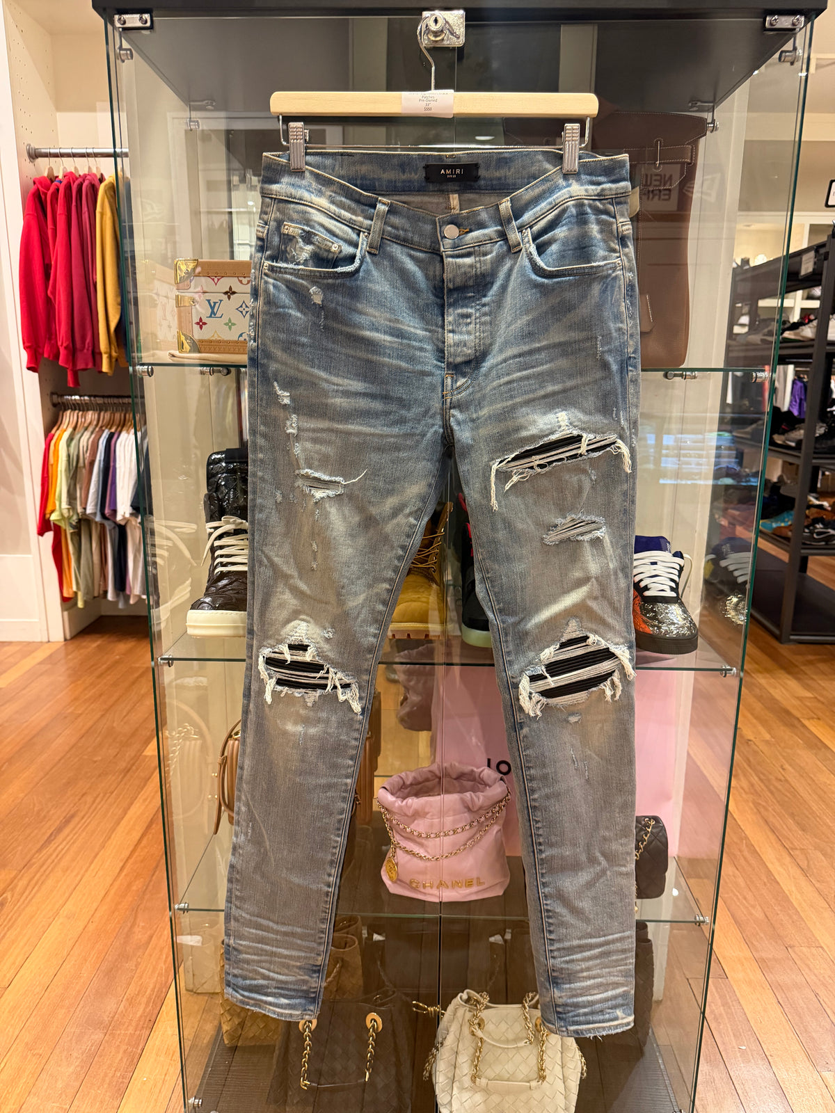Amiri MX1 Distressed Skinny Jeans - Light Wash/Black Patches