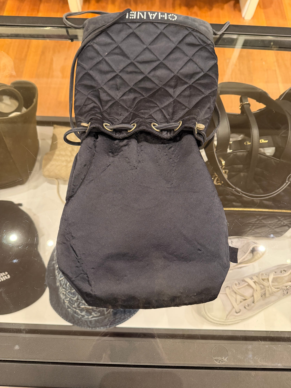 Chanel Satin Quilted Blue Pearl Drawstring Backpack
