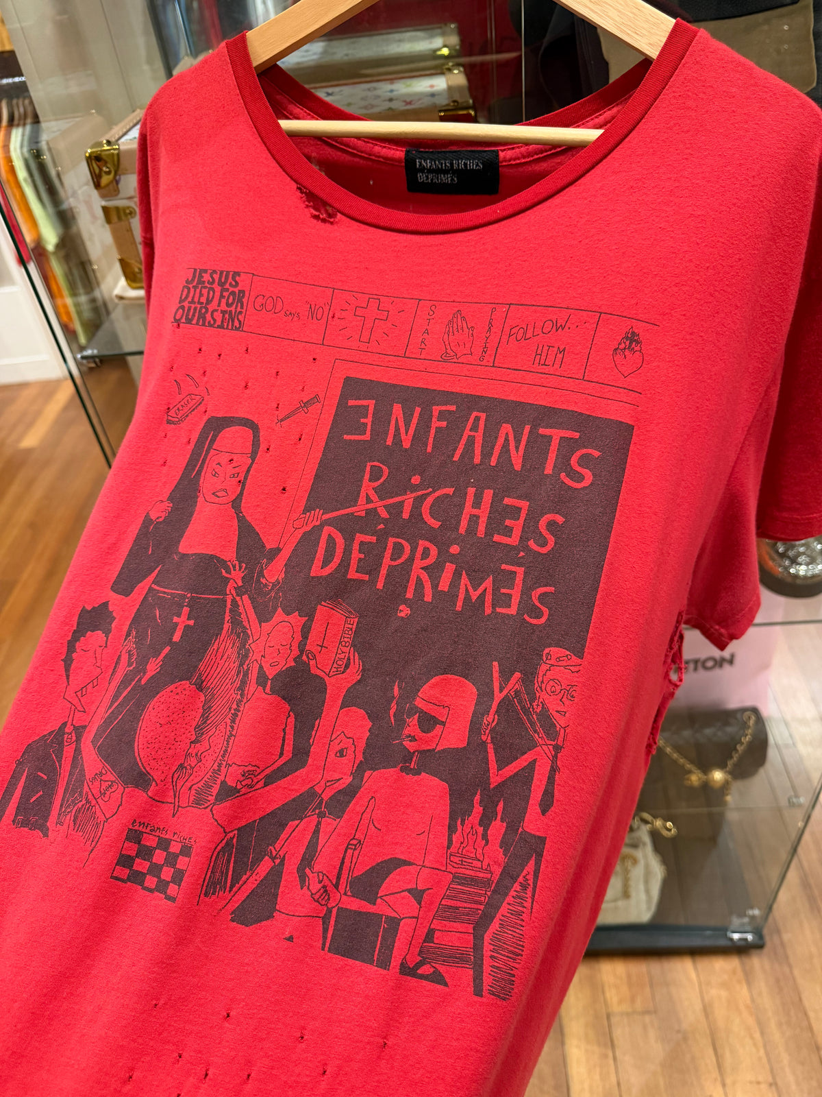Enfants Riches Deprimes ‘Jesus Died For Our Sins’ Distressed Shirt - Red
