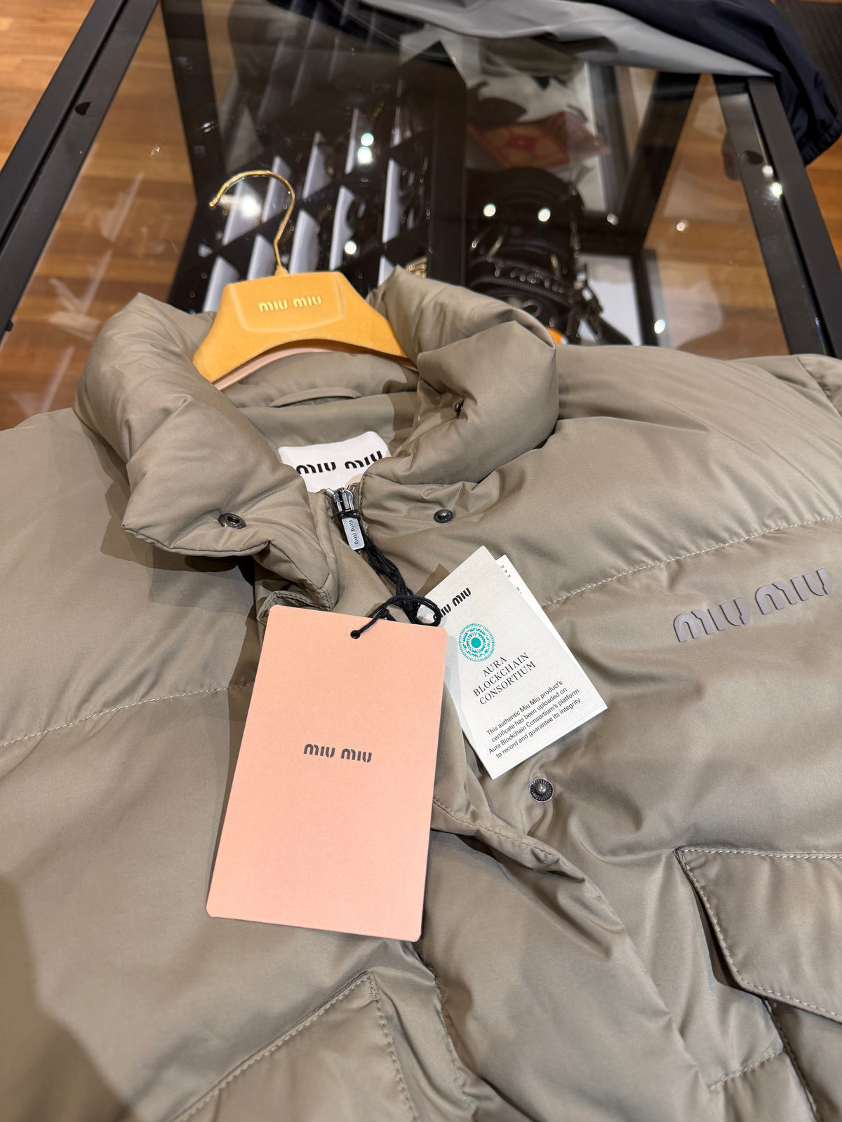 Miu Miu Medium Weight Technical Pongé Down Jacket - Beige