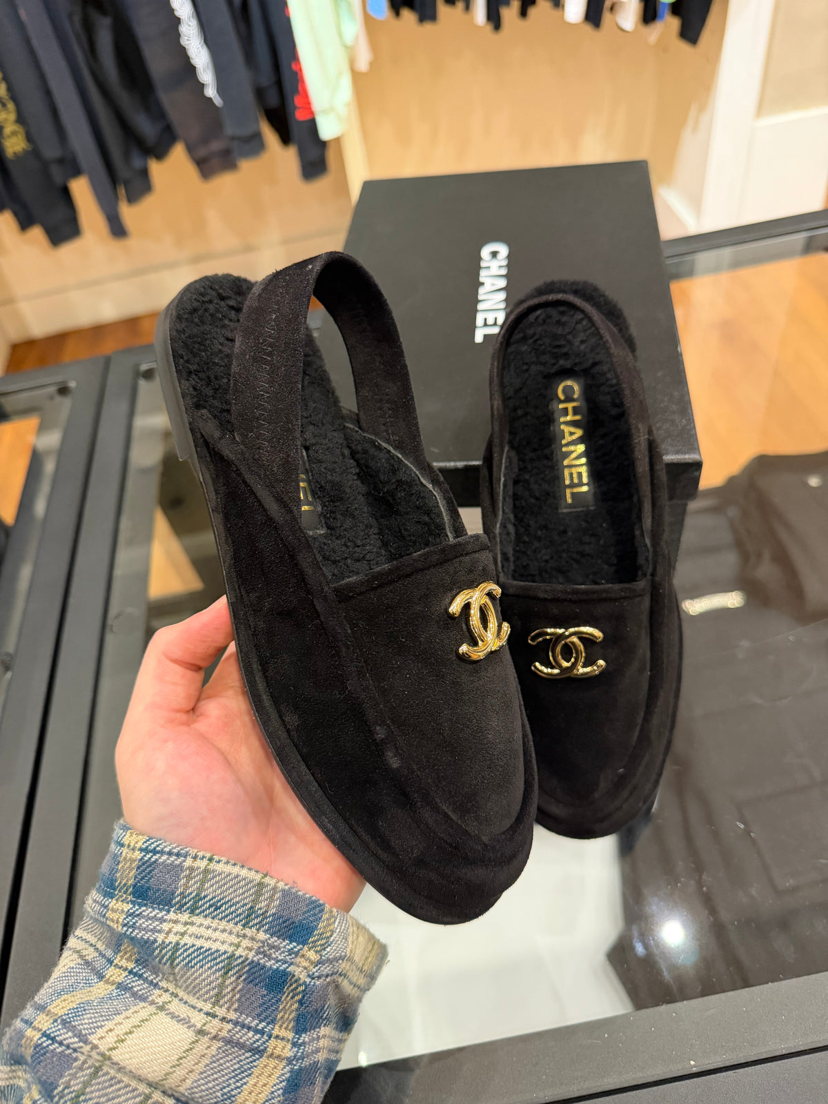 Chanel 25A Black Suede Shearling CC Moccasin Slingback Loafer