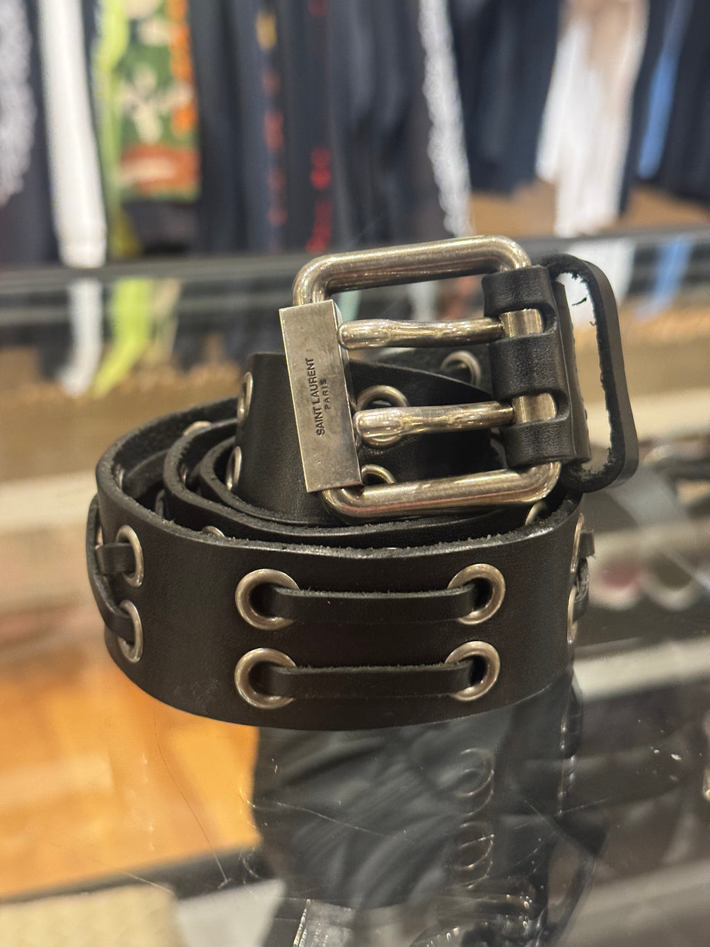 Saint Laurent Eyelet Leather Belt Black
