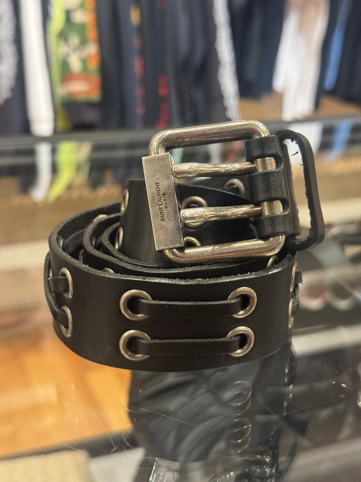 Saint Laurent Eyelet Leather Belt Black