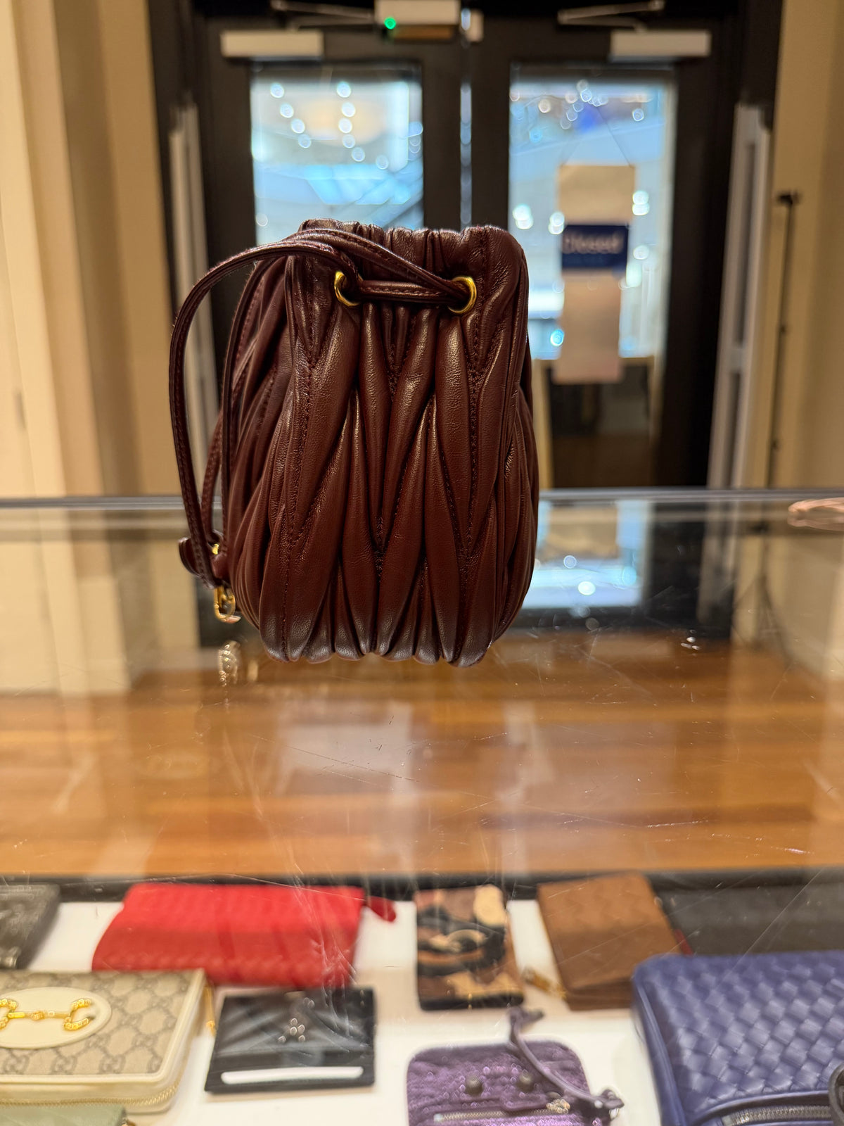 Miu Miu Black Matelassé Leather Mini Bag - Burgundy