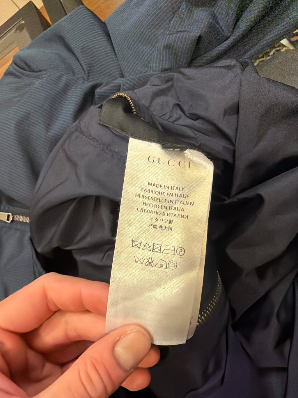 Gucci Micro-Check Zip Up Bomber Jacket - Navy