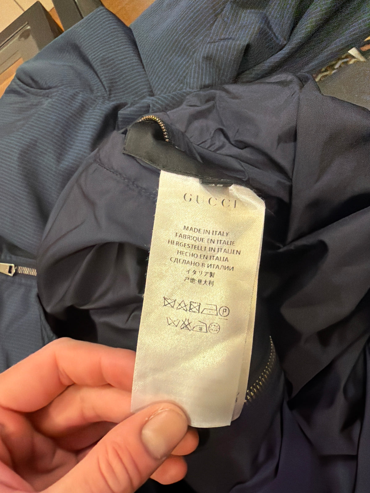 Gucci Micro-Check Zip Up Bomber Jacket - Navy