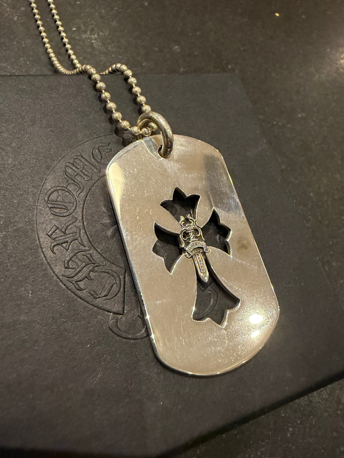Chrome Hearts Cut Out Cross & Dagger Dog Tag Necklace - Silver