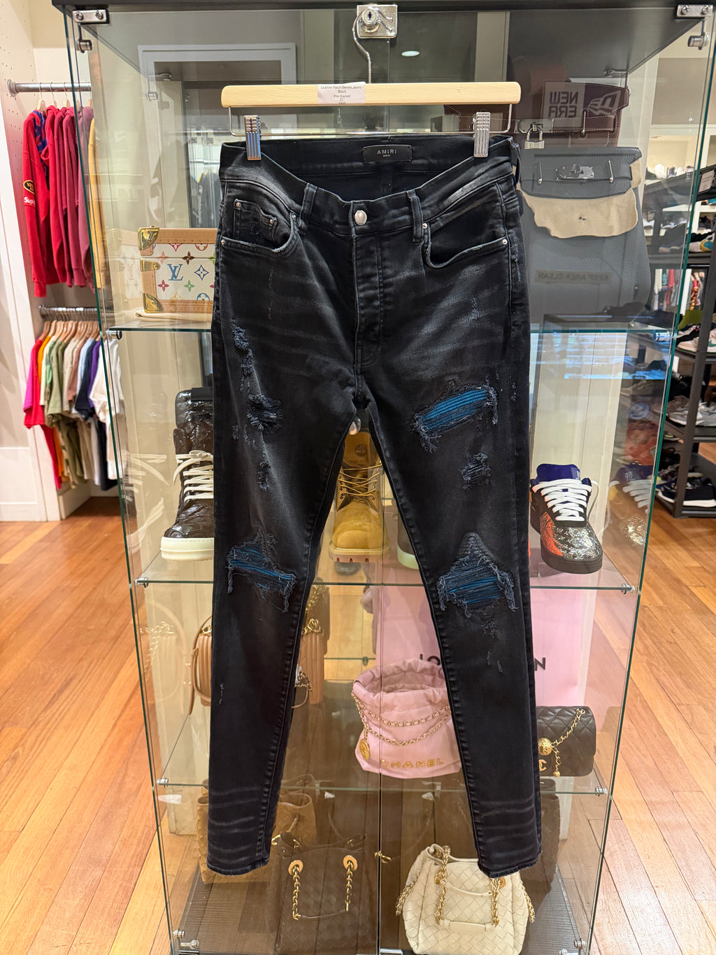 Amiri MX1 Blue Cracked Leather Patch Denim Jeans - Black