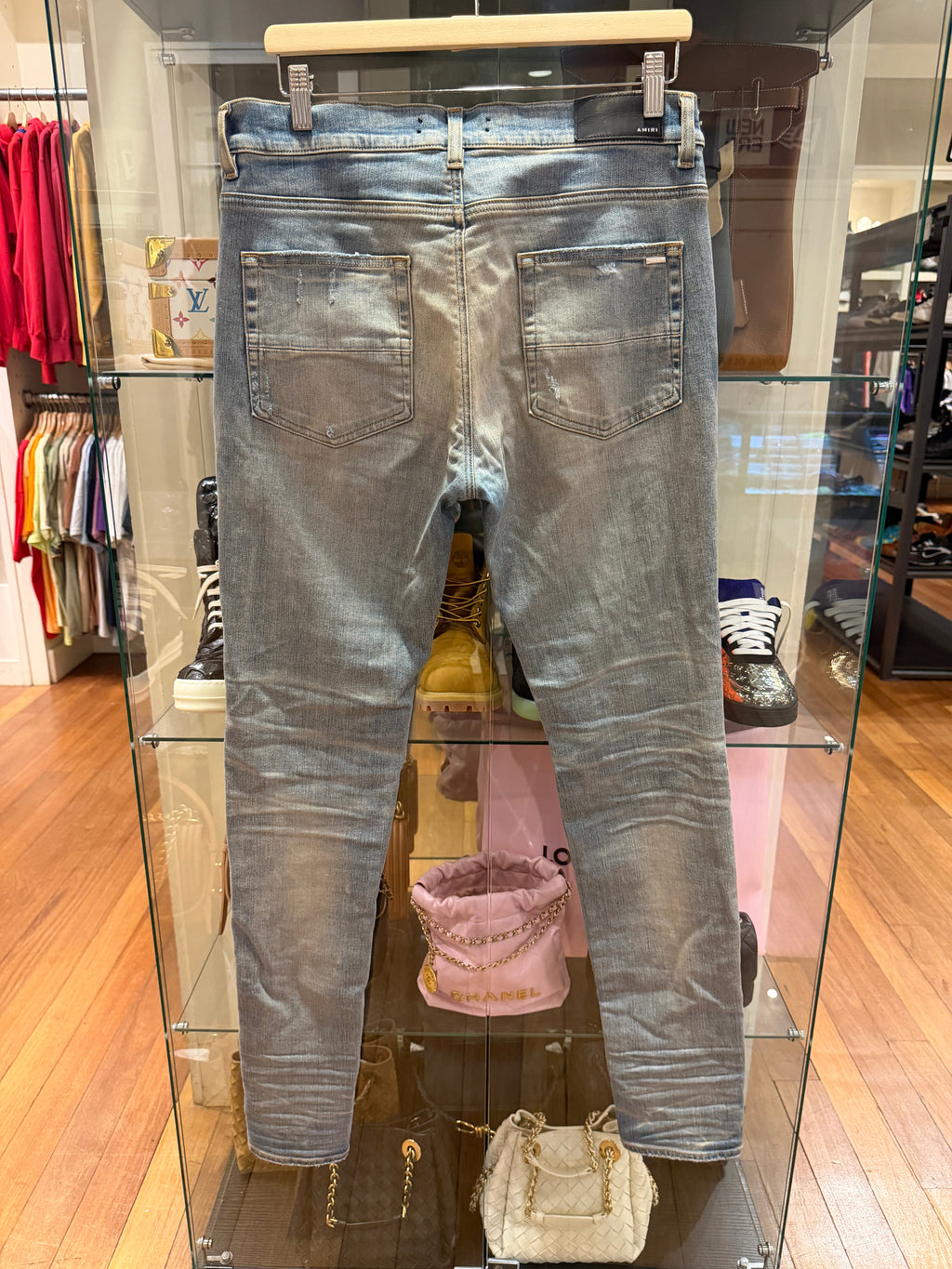 Amiri MX1 Distressed Skinny Jeans - Light Wash/Black Patches