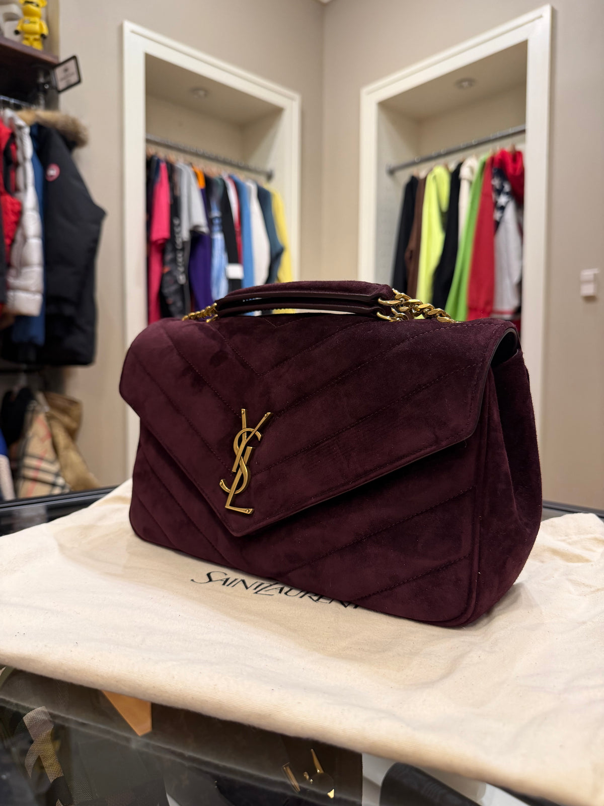 Saint Laurent LouLou Medium In Matelasse Suede - Smoky Burgundy