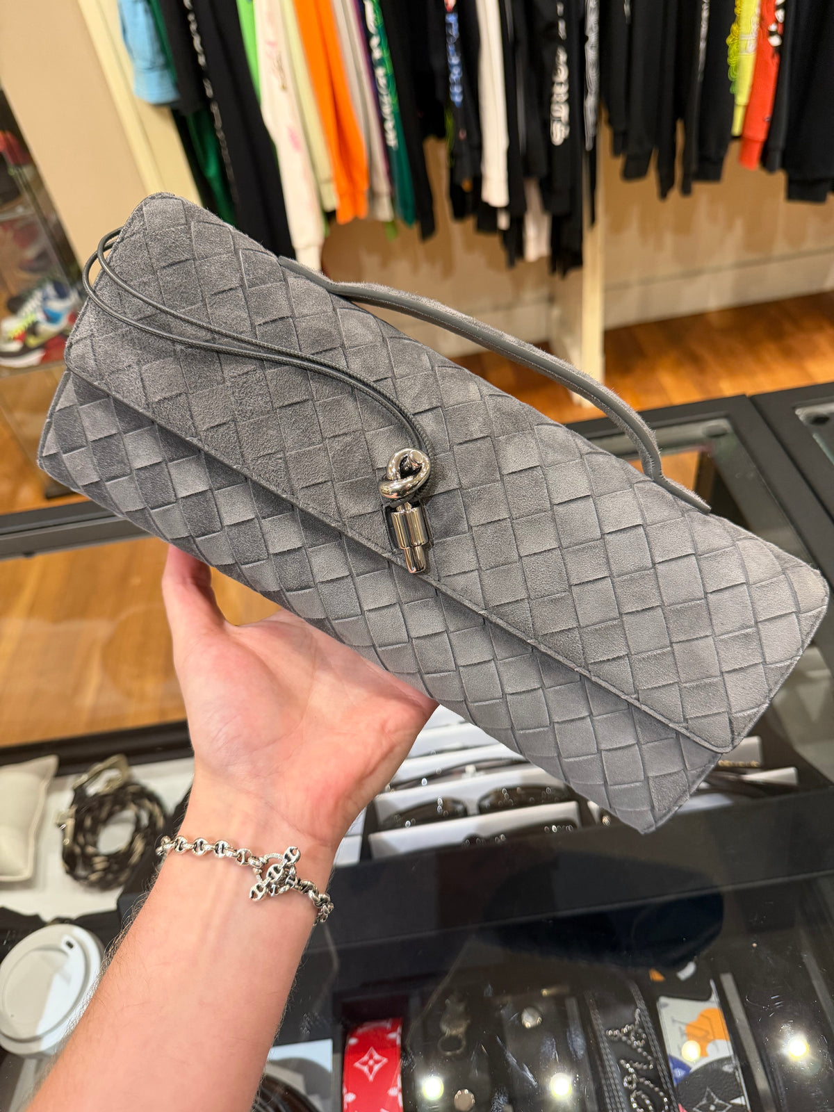 Bottega Veneta Andiamo Suede Leather Clutch Bag Obsi Grey