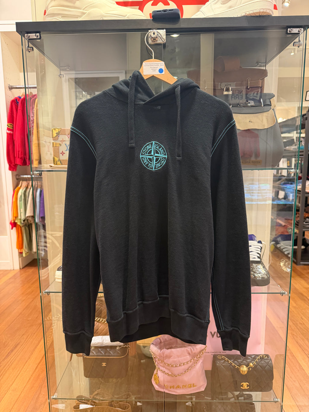 Stone Island Compass Print Contrast Stitch Hoodie - Black