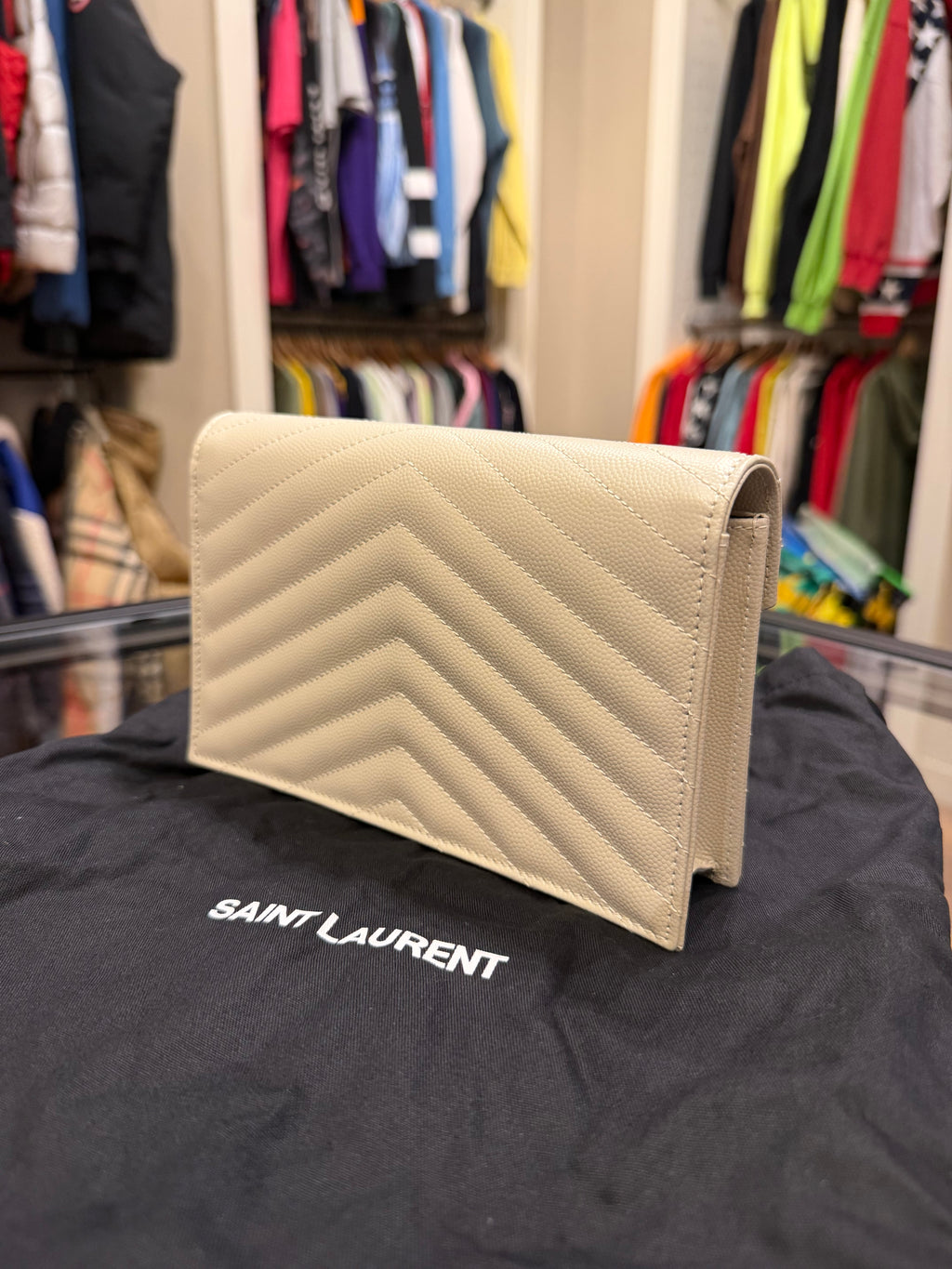Saint Laurent Cassandre Envelope Chain Wallet - Beige