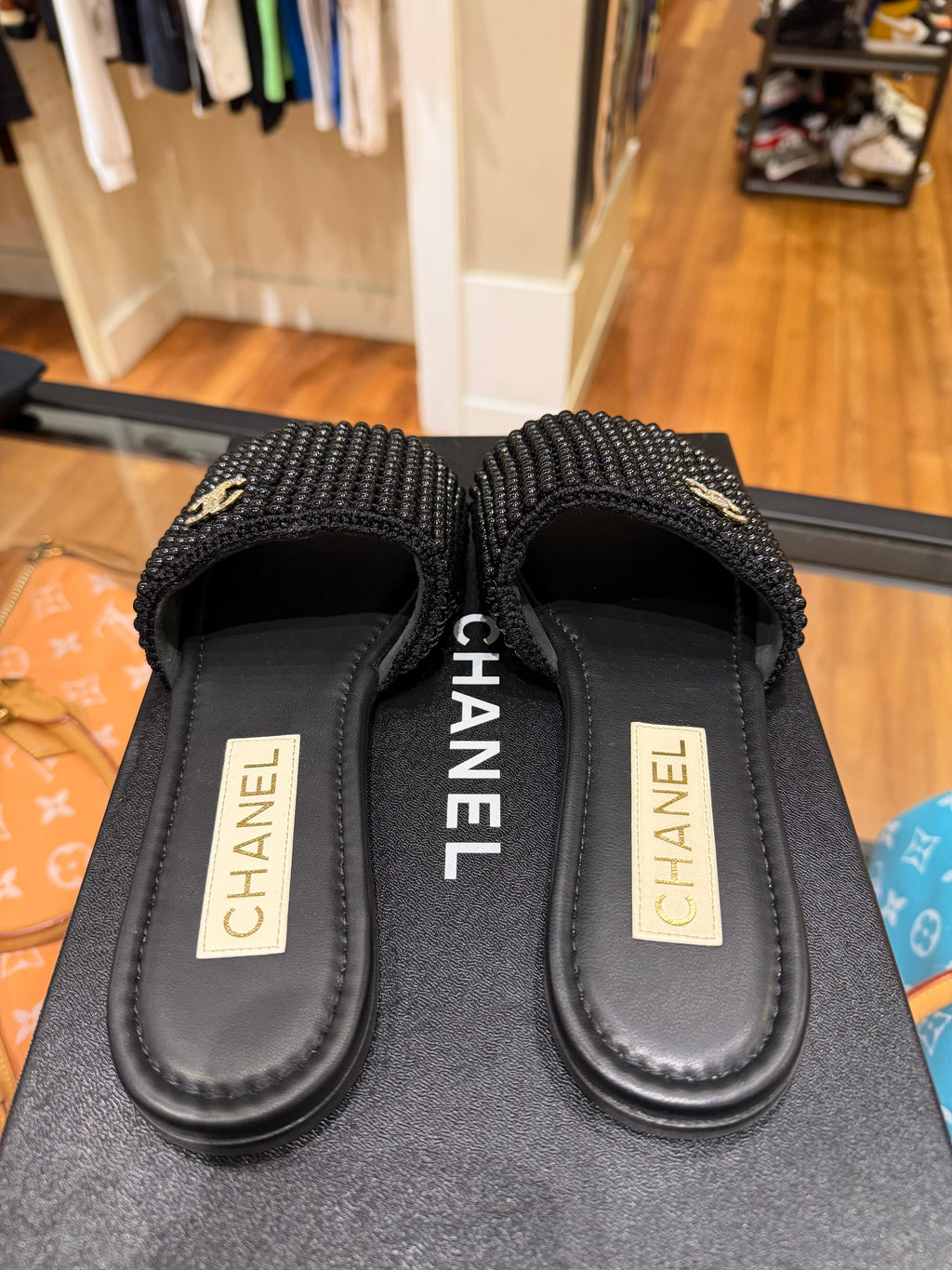 Chanel Pearl Crystal CC Mule Sandals