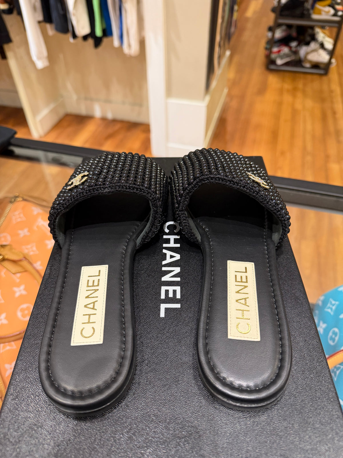 Chanel Pearl Crystal CC Mule Sandals