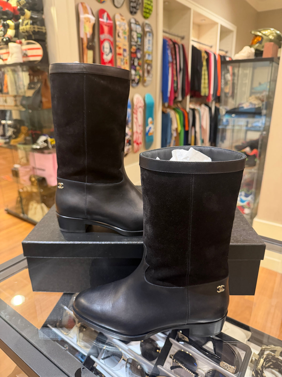 Chanel Calfskin & Suede Mid Calf Boots