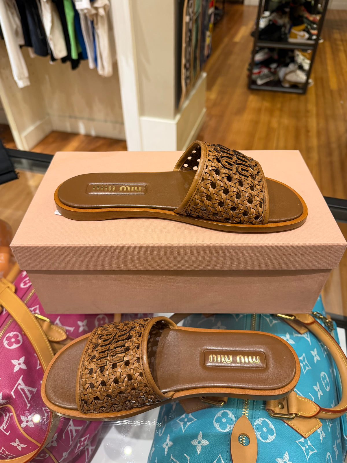 Miu Miu Woven Calf Leather Slides - Brown