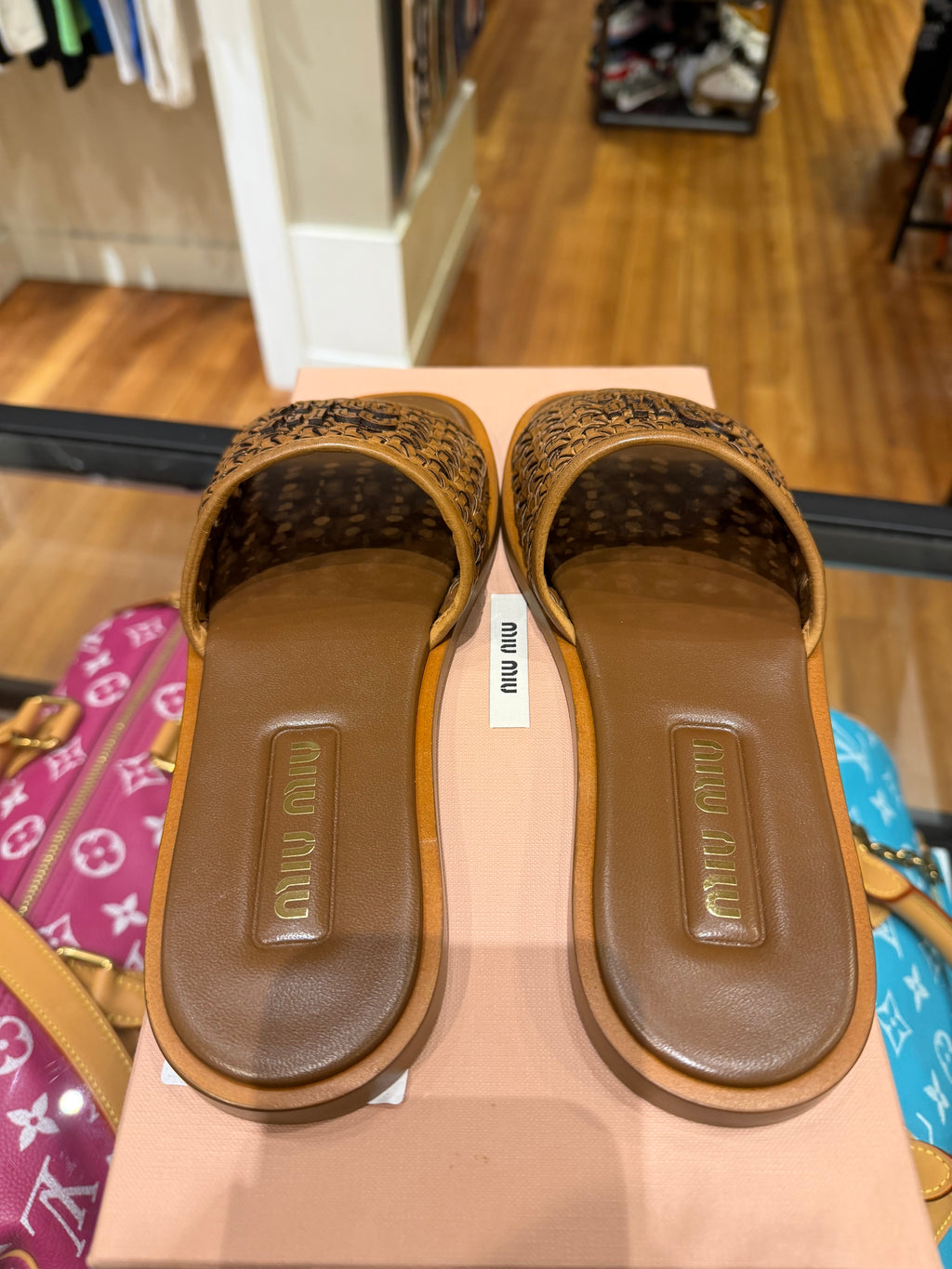 Miu Miu Woven Calf Leather Slides - Brown