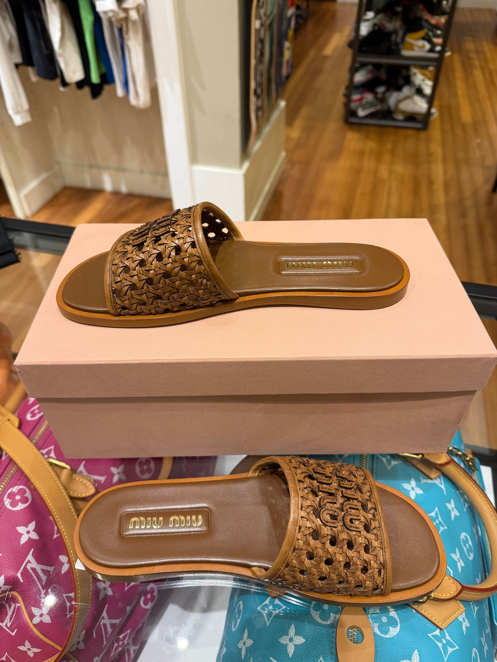 Miu Miu Woven Calf Leather Slides - Brown