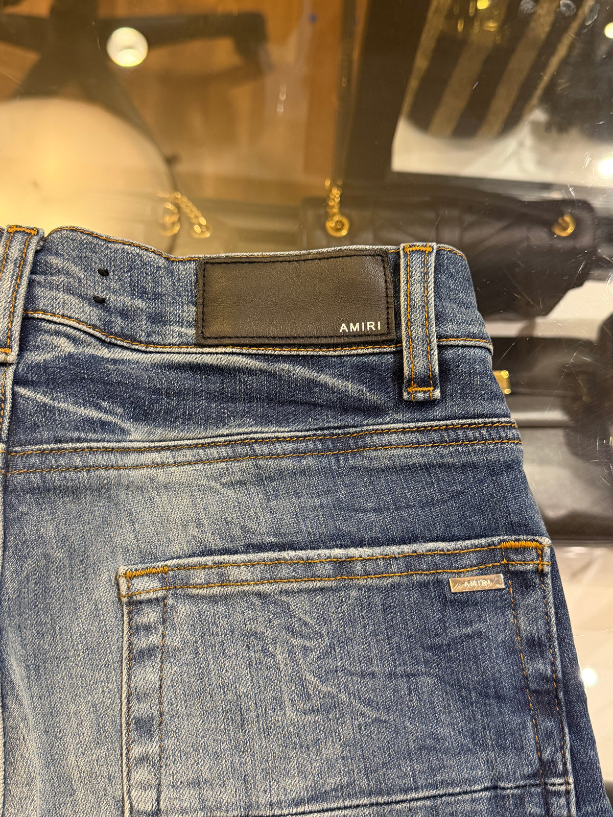 Amiri MX1 Distressed Skinny Jeans - Indigo/Black Patches