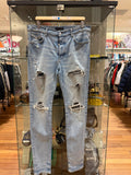 Amiri MX1 Skinny Jeans Light Blue Black Paisley Patches