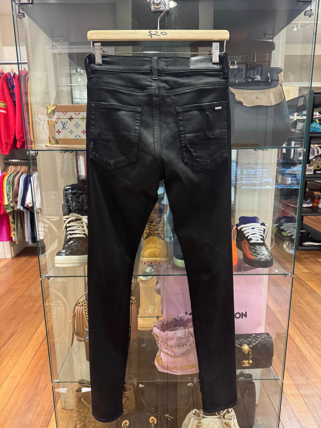 Amiri MX1 Distressed Skinny Jeans - Black Denim Black Patches