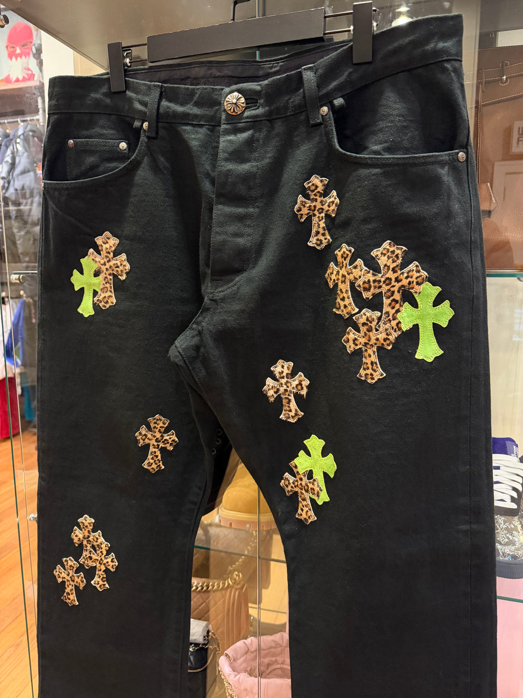Chrome Hearts Leopard & Green Cross Patch Denim Jeans - Black
