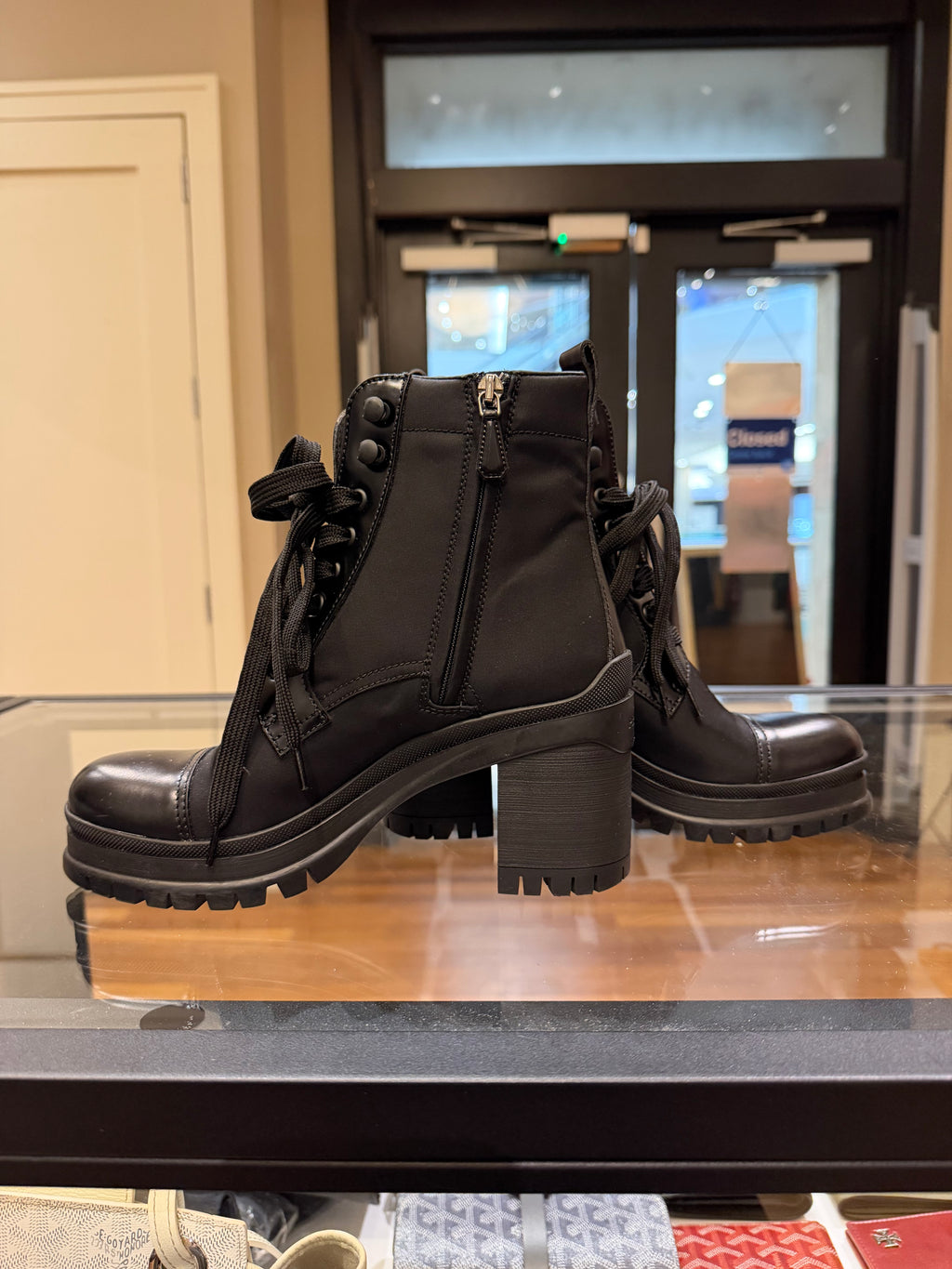 Prada Nylon Leather Block Heel Combat Boots - Black