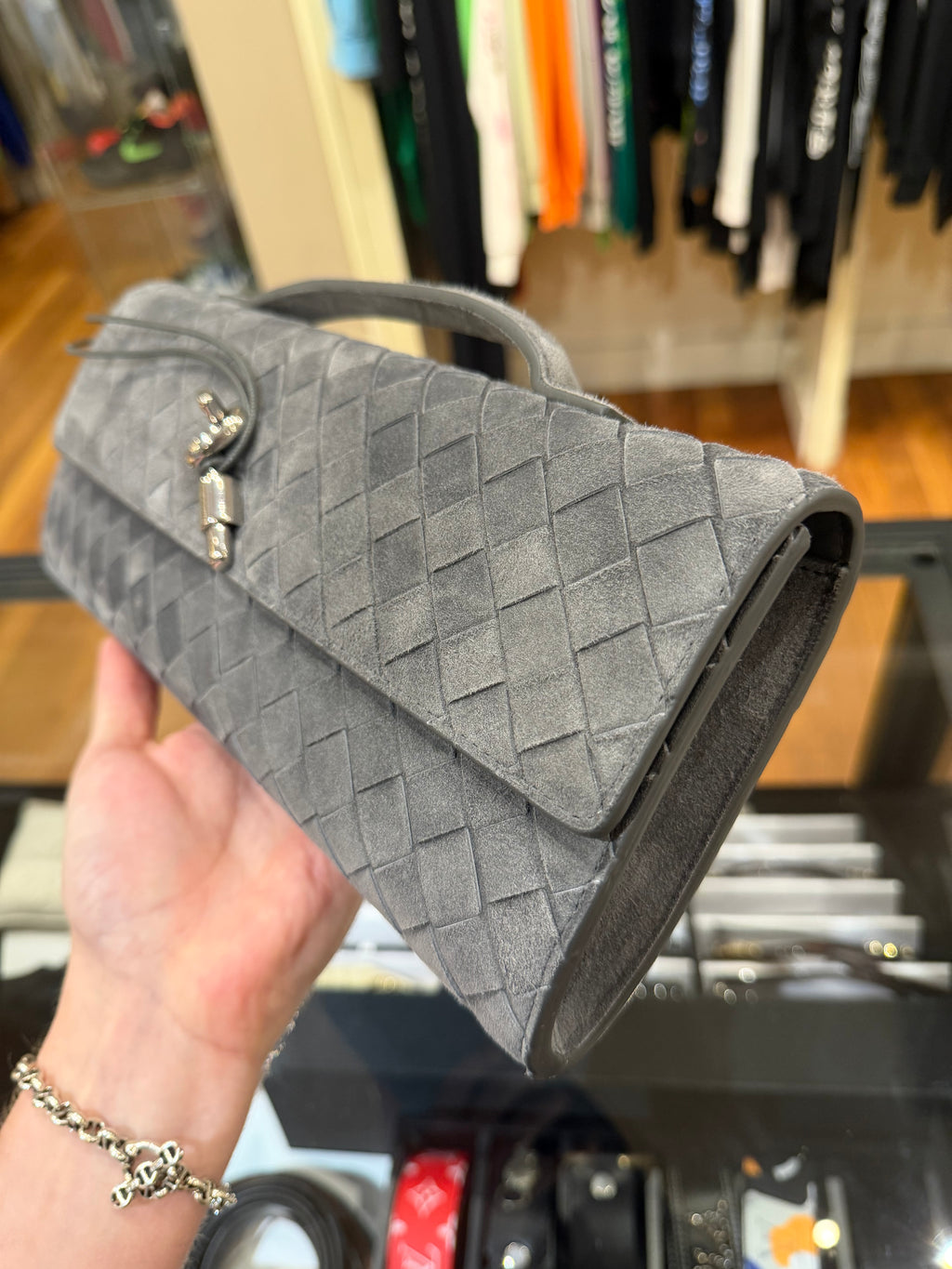 Bottega Veneta Andiamo Suede Leather Clutch Bag Obsi Grey