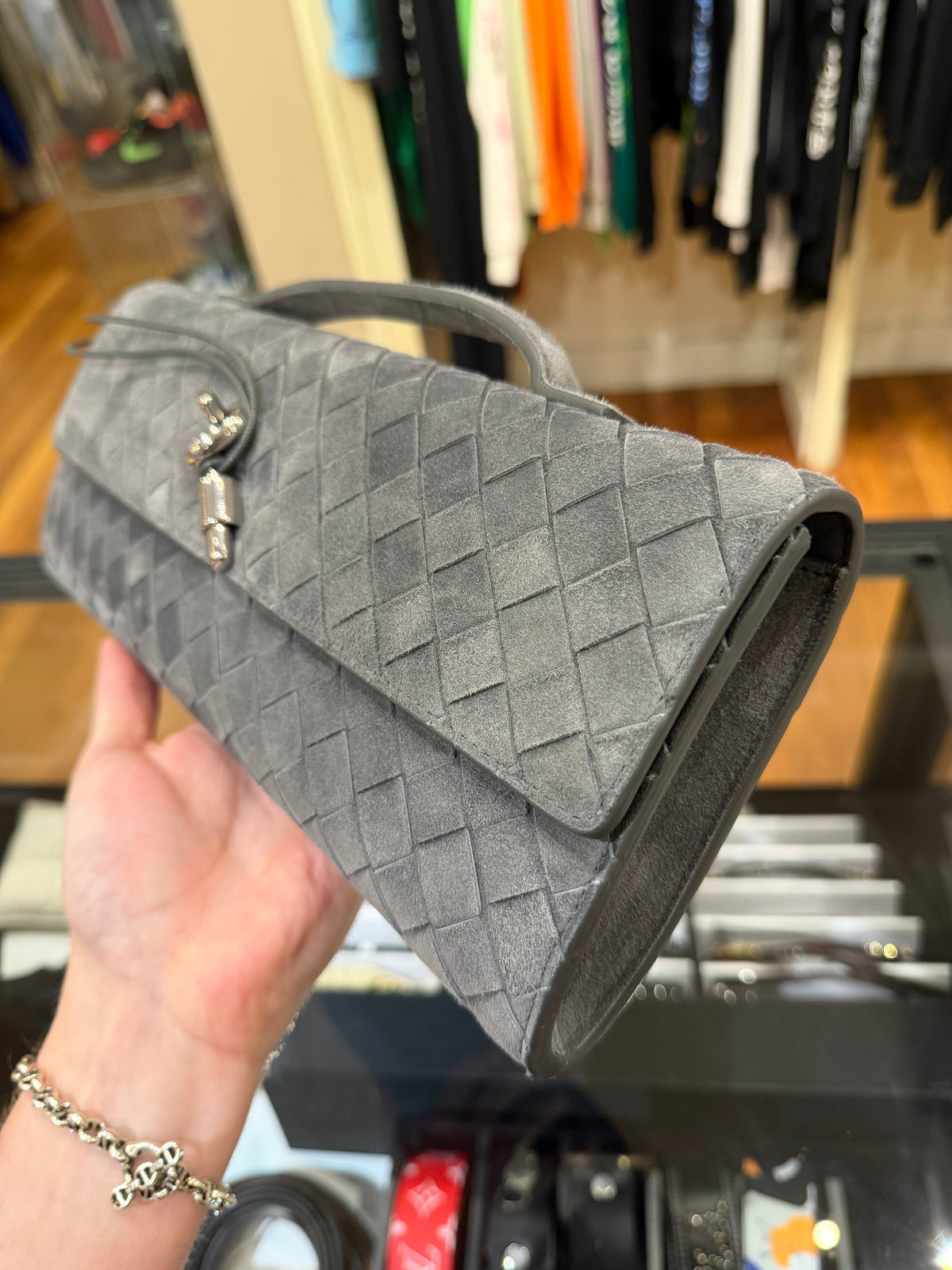 Bottega Veneta Andiamo Suede Leather Clutch Bag Obsi Grey