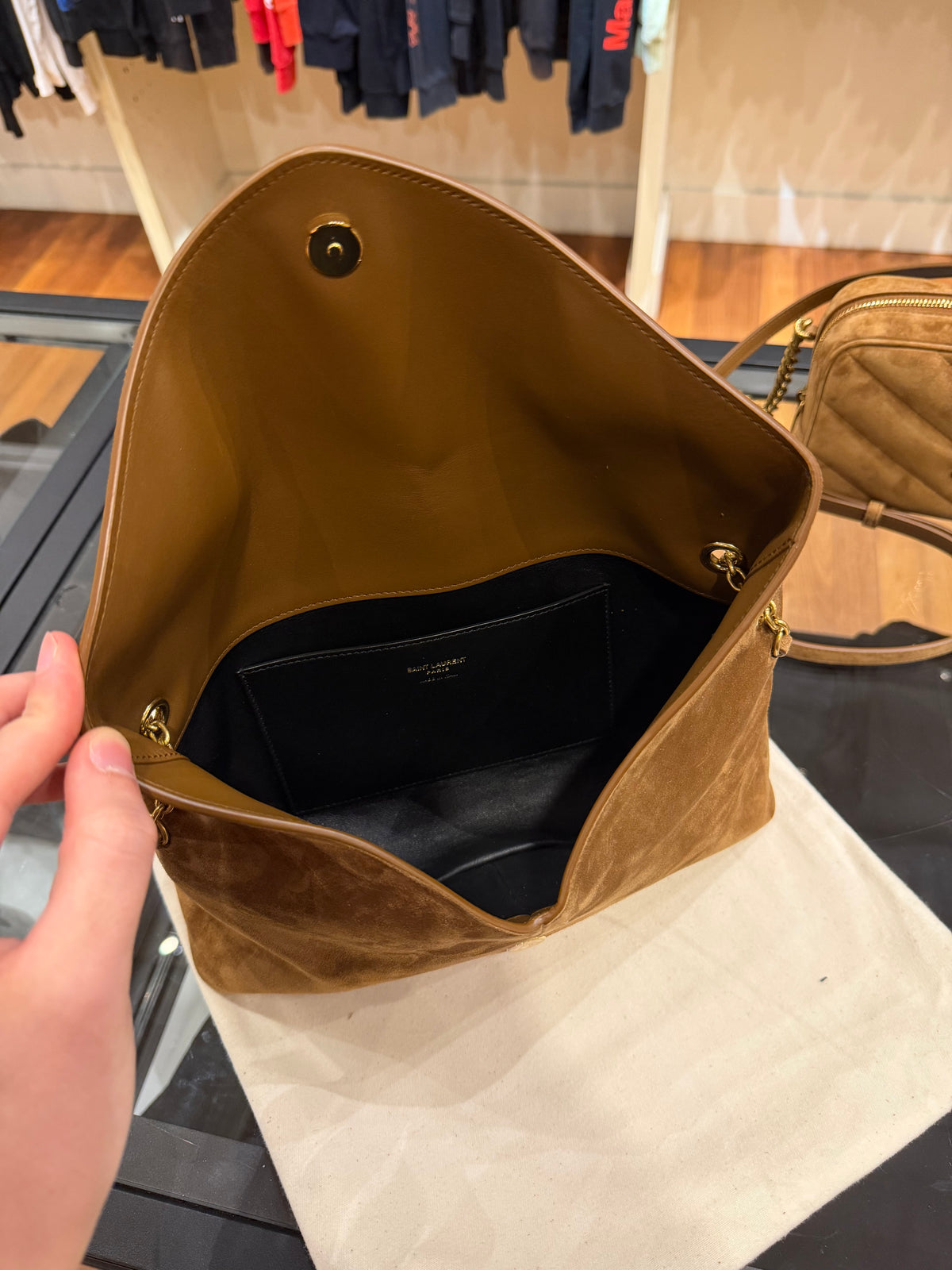 Saint Laurent Cassandre YSL Envelope Shoulder Bag - Camel Suede